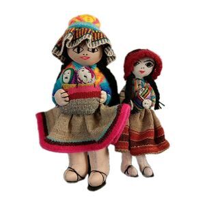 Peruvian Hand Made Folk Cloth Rag Doll Mom Baby Peru Detailed Sandals Lot Vtg